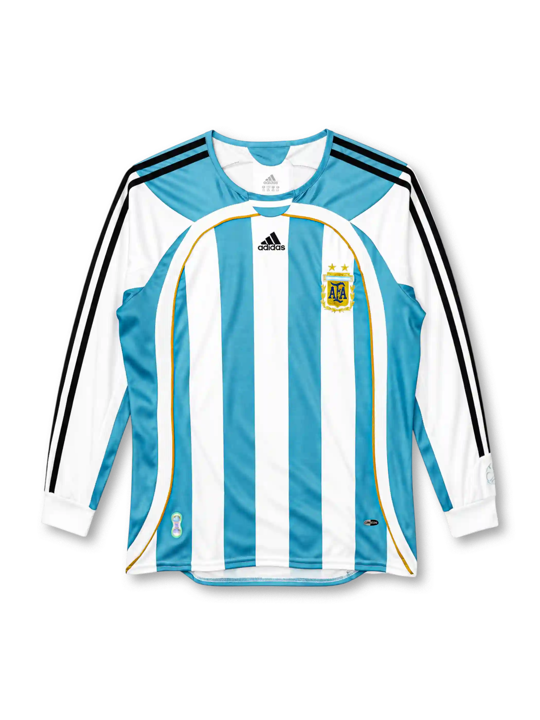 Argentina 2006 sky blue and white striped long-sleeve home jersey with gold piping, black adidas stripes and AFA crest