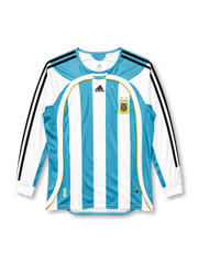 Argentina 2006 sky blue and white striped long-sleeve home jersey with gold piping, black adidas stripes and AFA crest