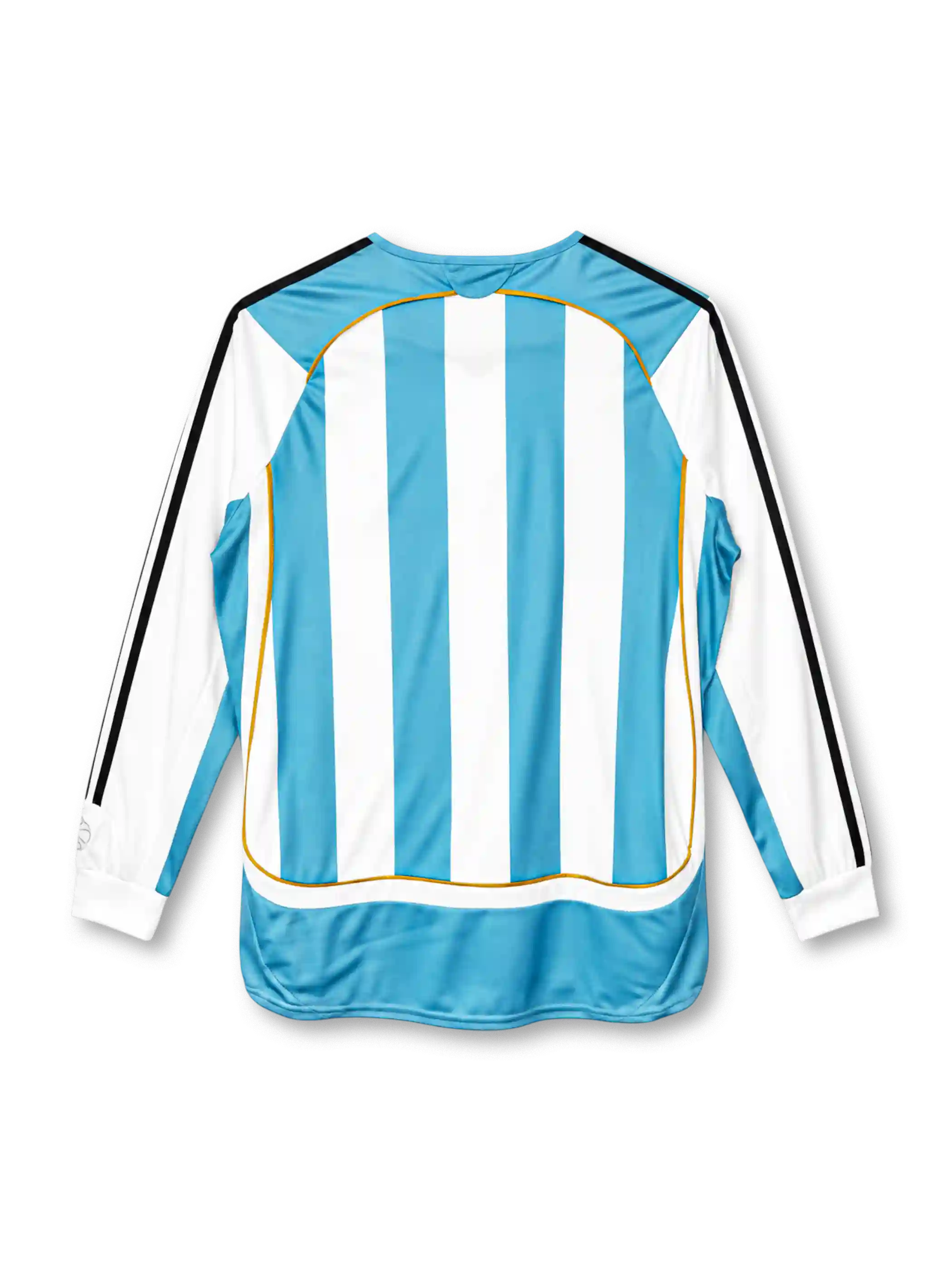 Argentina 2006 sky blue and white striped long-sleeve home jersey with gold piping, black adidas stripes and AFA crest