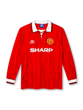 Manchester United 1992/94 red long-sleeve home jersey with lace-up white collar, Umbro logo and Sharp sponsor