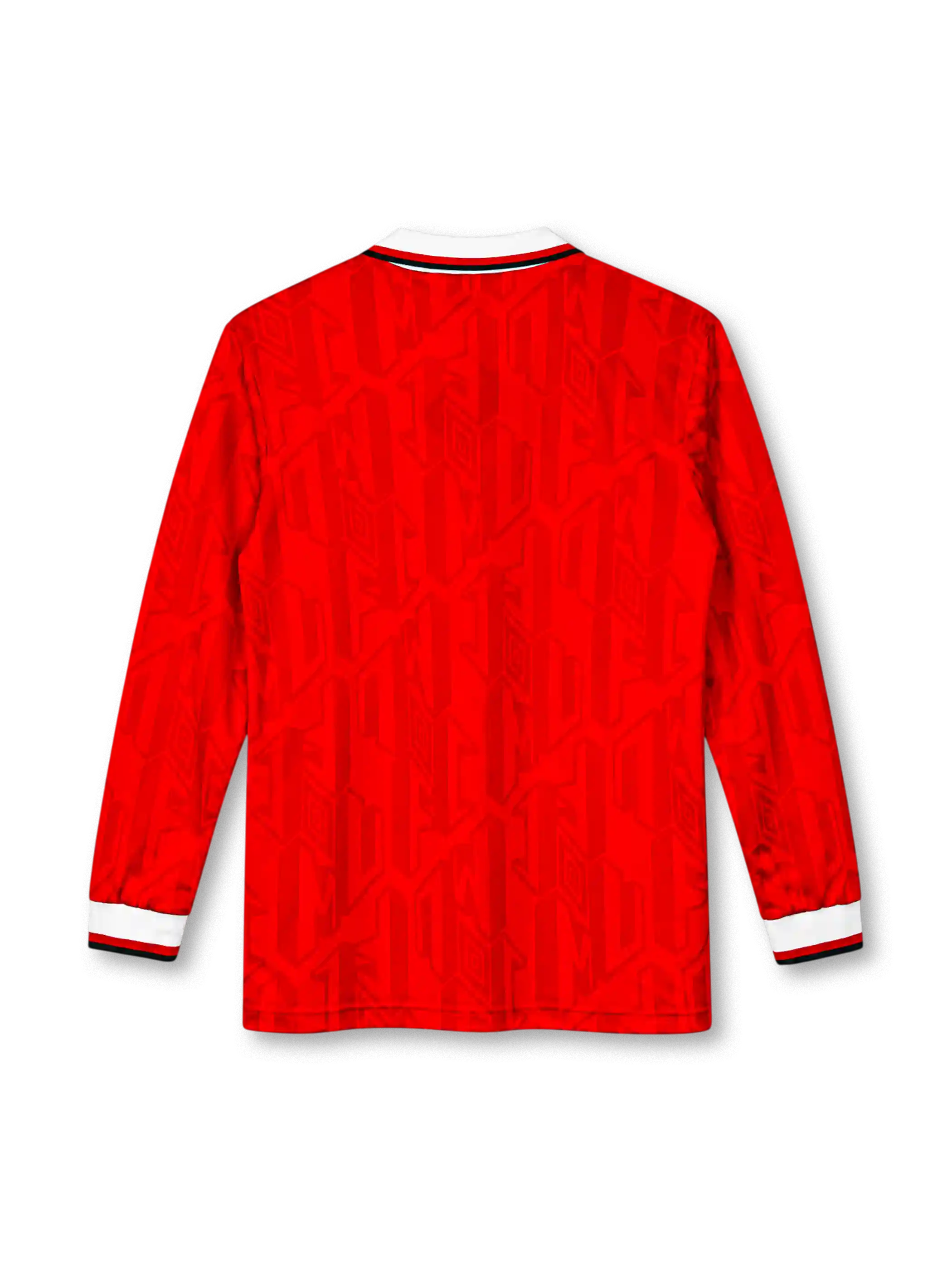 Manchester United 1992/94 red long-sleeve home jersey with lace-up white collar, Umbro logo and Sharp sponsor
