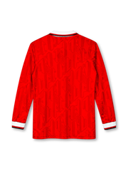 Manchester United 1992/94 red long-sleeve home jersey with lace-up white collar, Umbro logo and Sharp sponsor