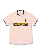 Juventus 2003/04 pink away jersey with check pattern, black trim, Nike logo and Fastweb sponsor