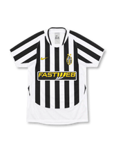 Juventus 2003/04 black and white striped home jersey with gold Nike logo, two-star crest and Fastweb sponsor