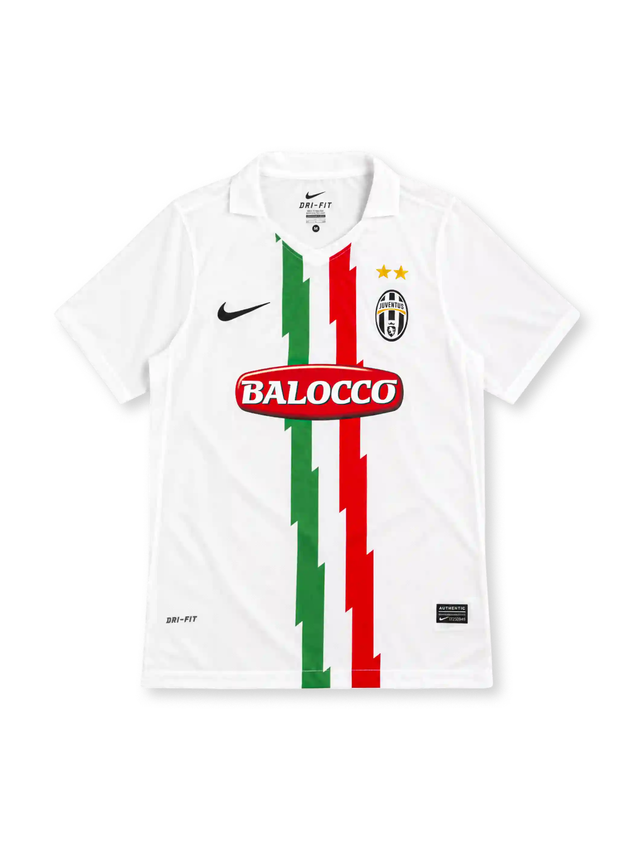 Juventus 2010/11 white away jersey with green and red tricolour stripes, Nike logo, club crest and Balocco sponsor