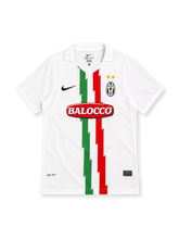 Juventus 2010/11 white away jersey with green and red tricolour stripes, Nike logo, club crest and Balocco sponsor