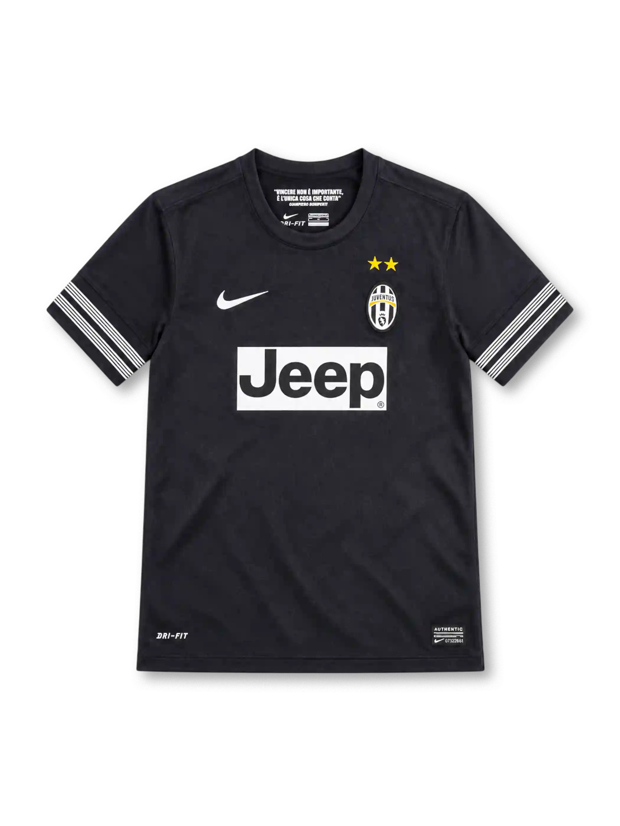 Juventus 2012/13 black away jersey with white striped sleeve bands, Nike logo, club crest and Jeep sponsor