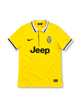 Juventus 2014/15 yellow away jersey with black and white striped polo collar, Nike logo, club crest and Jeep sponsor
