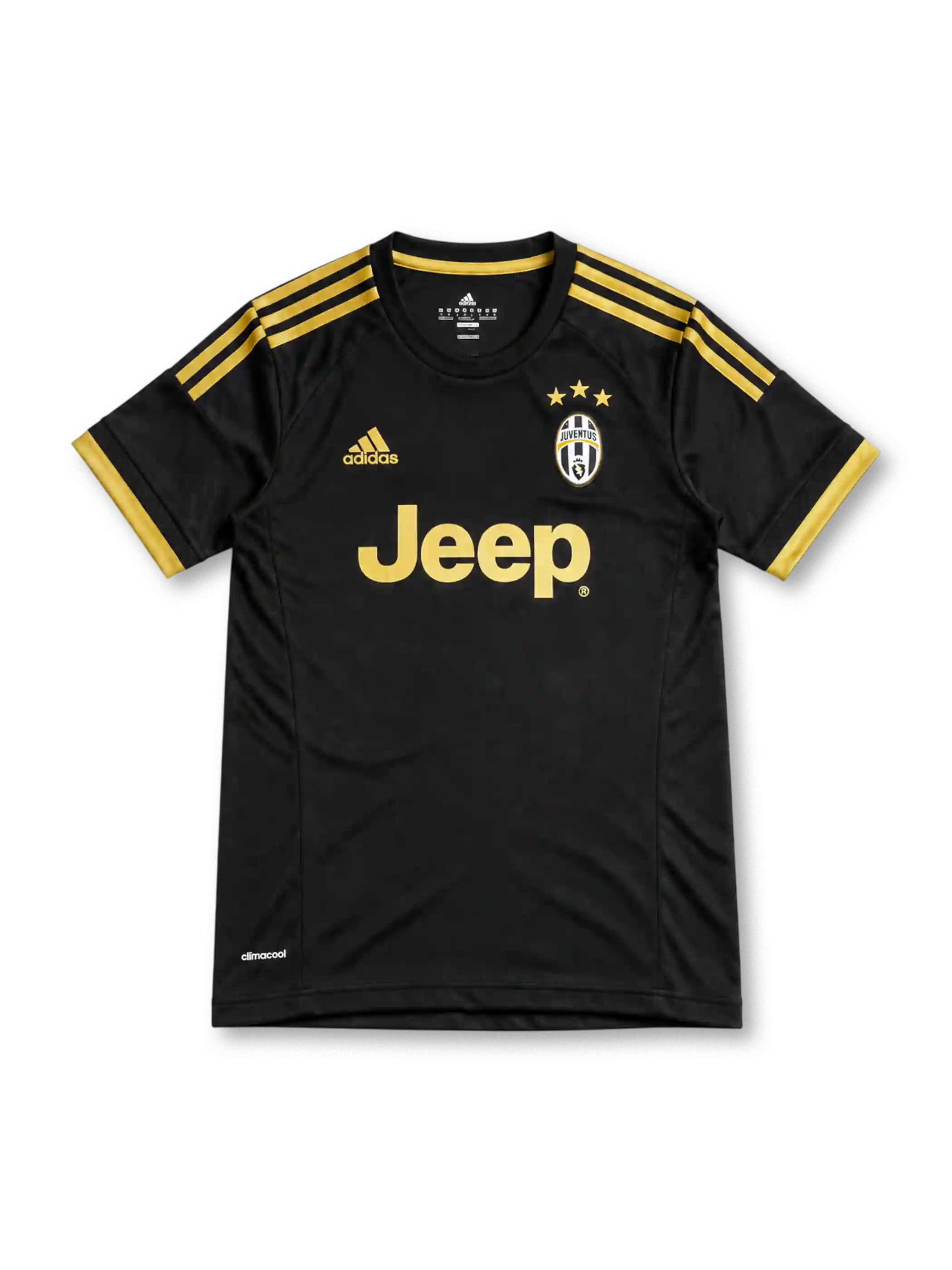 Juventus 2015/16 black third jersey with gold adidas stripes, three-star crest and gold Jeep sponsor