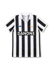 Juventus 1992/94 black and white striped home jersey with open white collar, Kappa logo, two-star patch and Danone sponsor