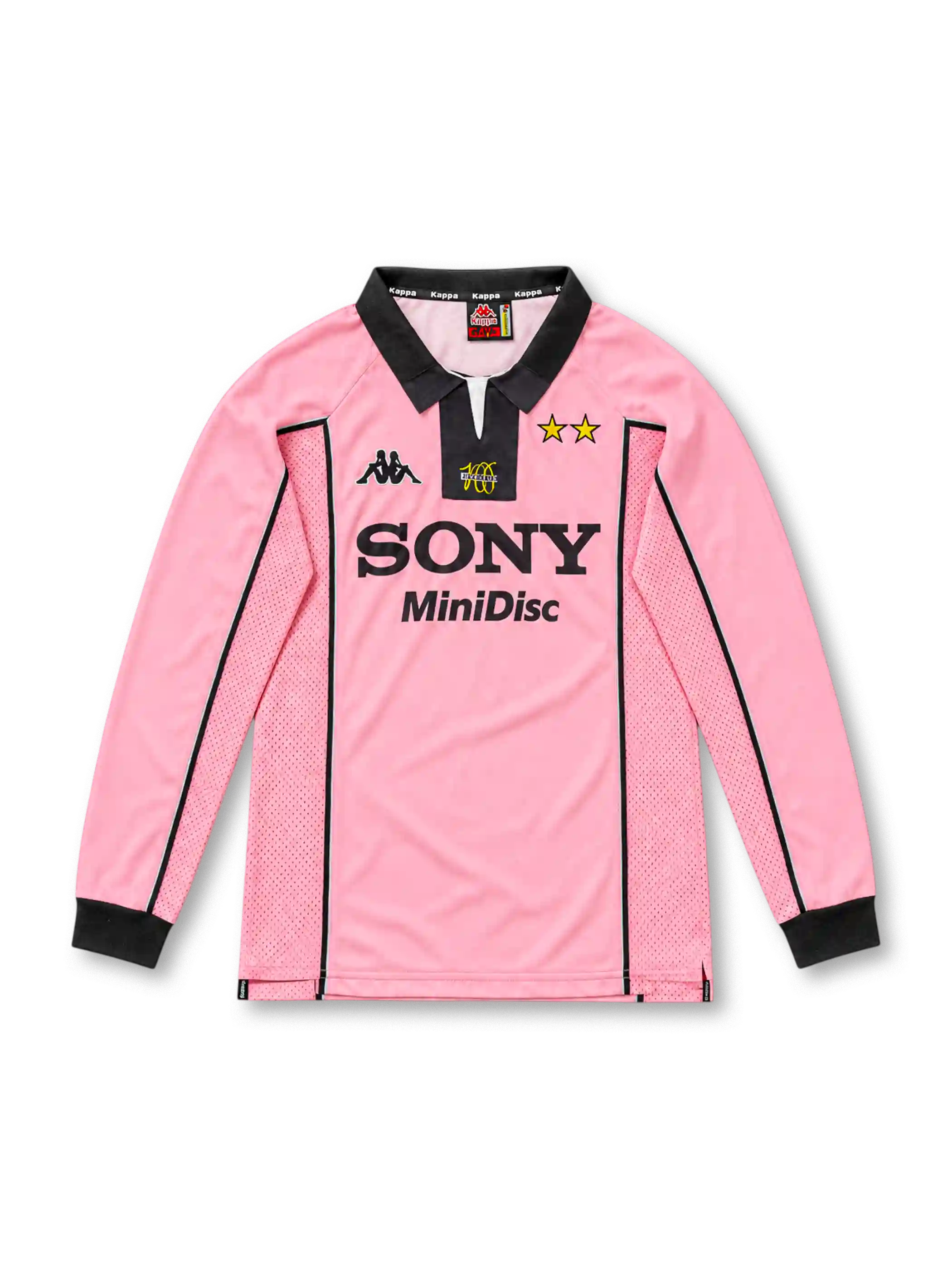 Juventus 1997/98 pink long-sleeve away jersey with black polo collar, mesh panels, centenary logo and Sony MiniDisc sponsor
