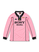 Juventus 1997/98 pink long-sleeve away jersey with black polo collar, mesh panels, centenary logo and Sony MiniDisc sponsor