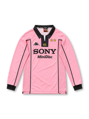 Juventus 1997/98 pink long-sleeve away jersey with black polo collar, mesh panels, centenary logo and Sony MiniDisc sponsor