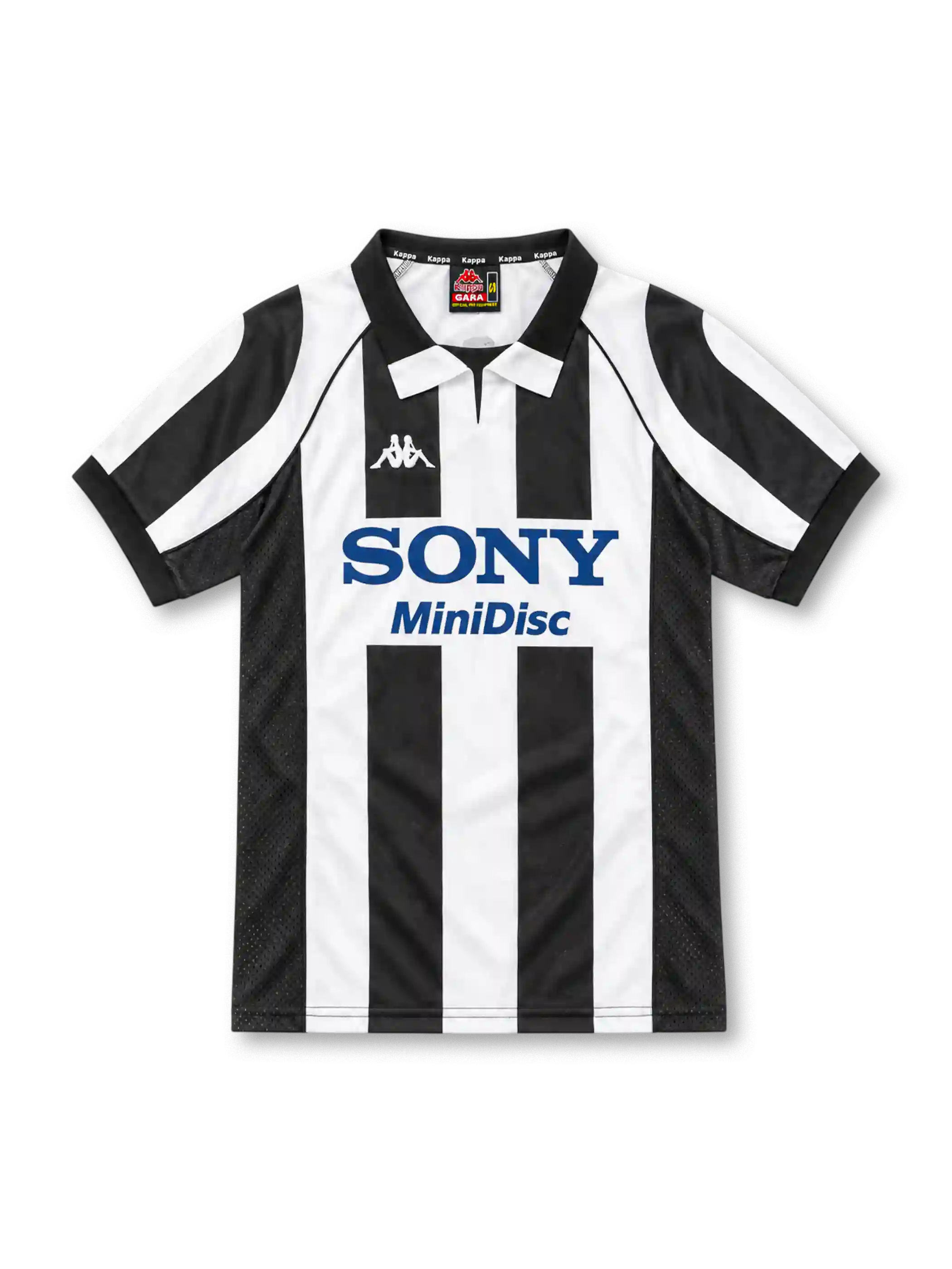 Juventus 1997/98 black and white striped home jersey with polo collar, mesh side panels, Kappa logo and Sony MiniDisc sponsor