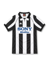 Juventus 1997/98 black and white striped home jersey with polo collar, mesh side panels, Kappa logo and Sony MiniDisc sponsor