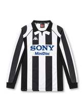 Juventus 1997/98 black and white striped long-sleeve home jersey with polo collar, mesh panels, Kappa logo and Sony MiniDisc sponsor