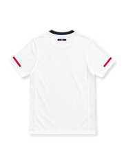 USA 2010 white home jersey with tonal diagonal sash, navy collar, red sleeve stripes and US Soccer crest