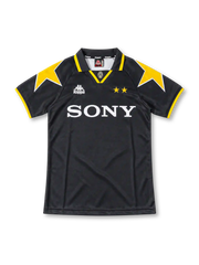 Juventus 1995/97 black away jersey with yellow shoulder stars, yellow-trimmed collar, Kappa logo and Sony sponsor