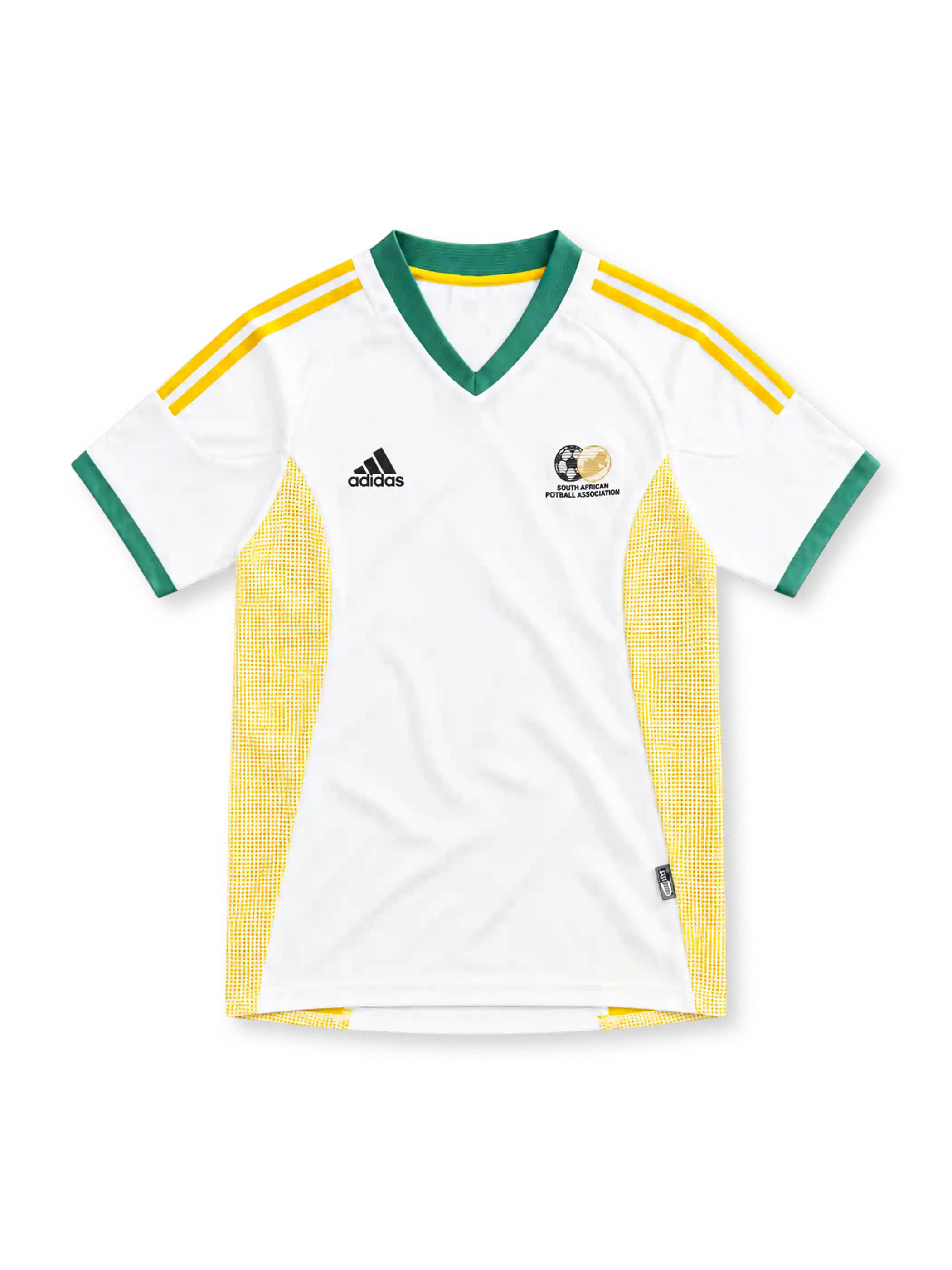 South Africa 2002 white away jersey with green V-neck collar, yellow adidas stripes, yellow mesh side panels and SAFA crest
