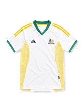 South Africa 2002 white away jersey with green V-neck collar, yellow adidas stripes, yellow mesh side panels and SAFA crest
