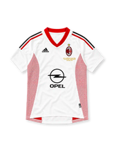 AC Milan 2002/03 white away jersey with red mesh panels, gold Champions League Final embroidery and Opel sponsor