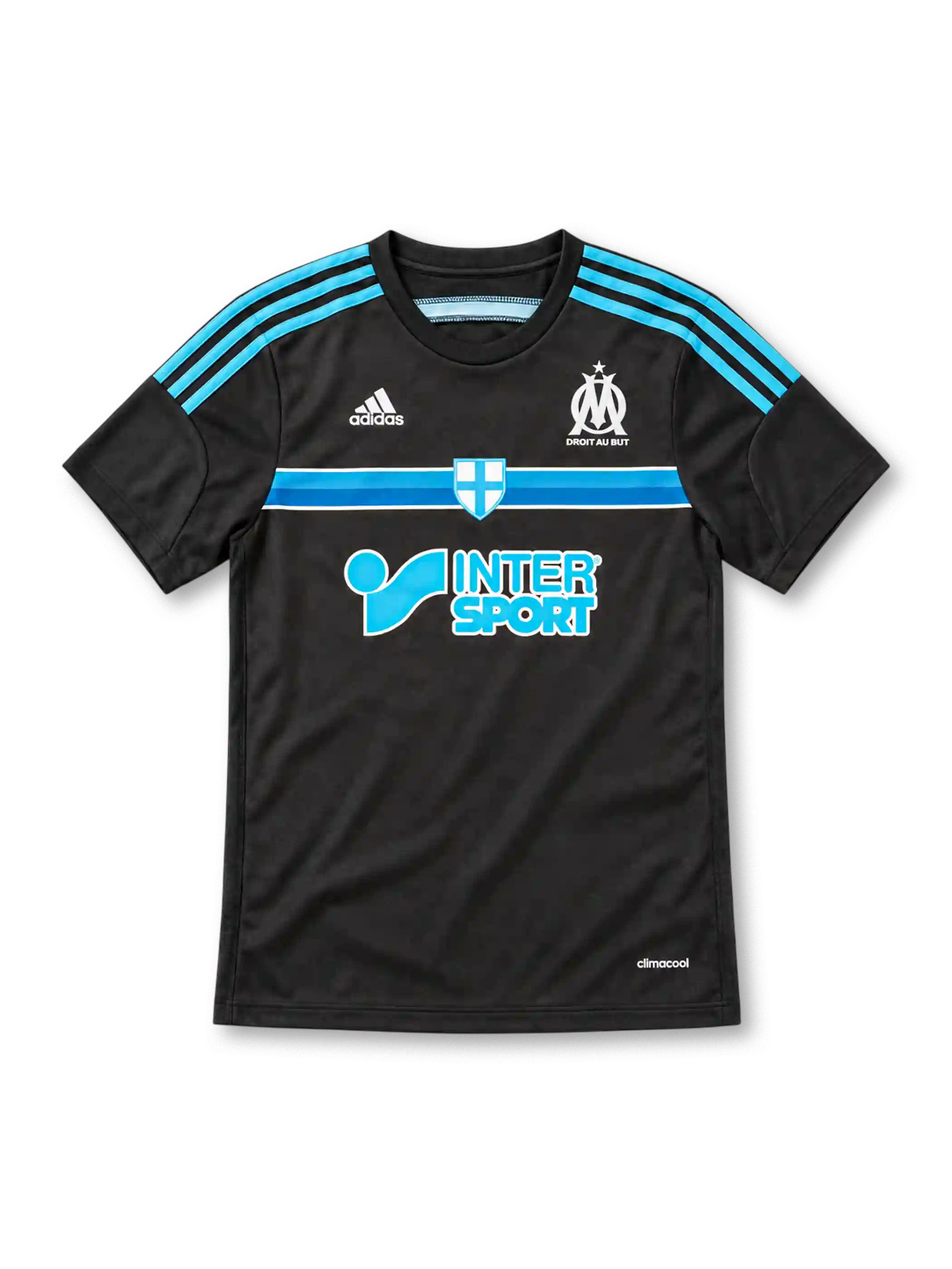 Marseille 2014/15 away jersey in black with blue chest stripes, adidas branding, white club crest and Intersport sponsor.