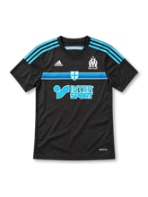 Marseille 2014/15 away jersey in black with blue chest stripes, adidas branding, white club crest and Intersport sponsor.
