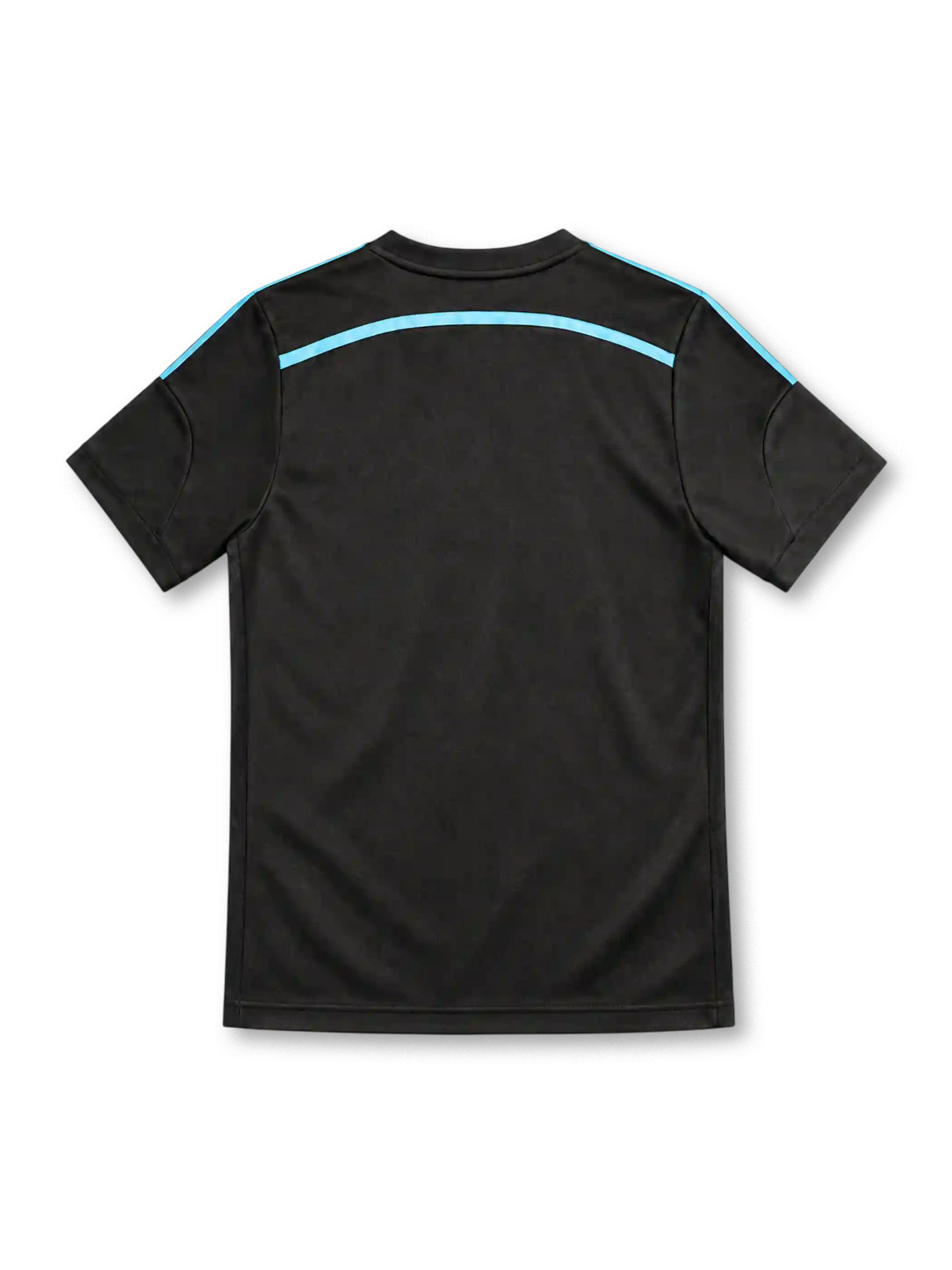 Marseille 2014/15 away jersey in black with blue chest stripes, adidas branding, white club crest and Intersport sponsor.
