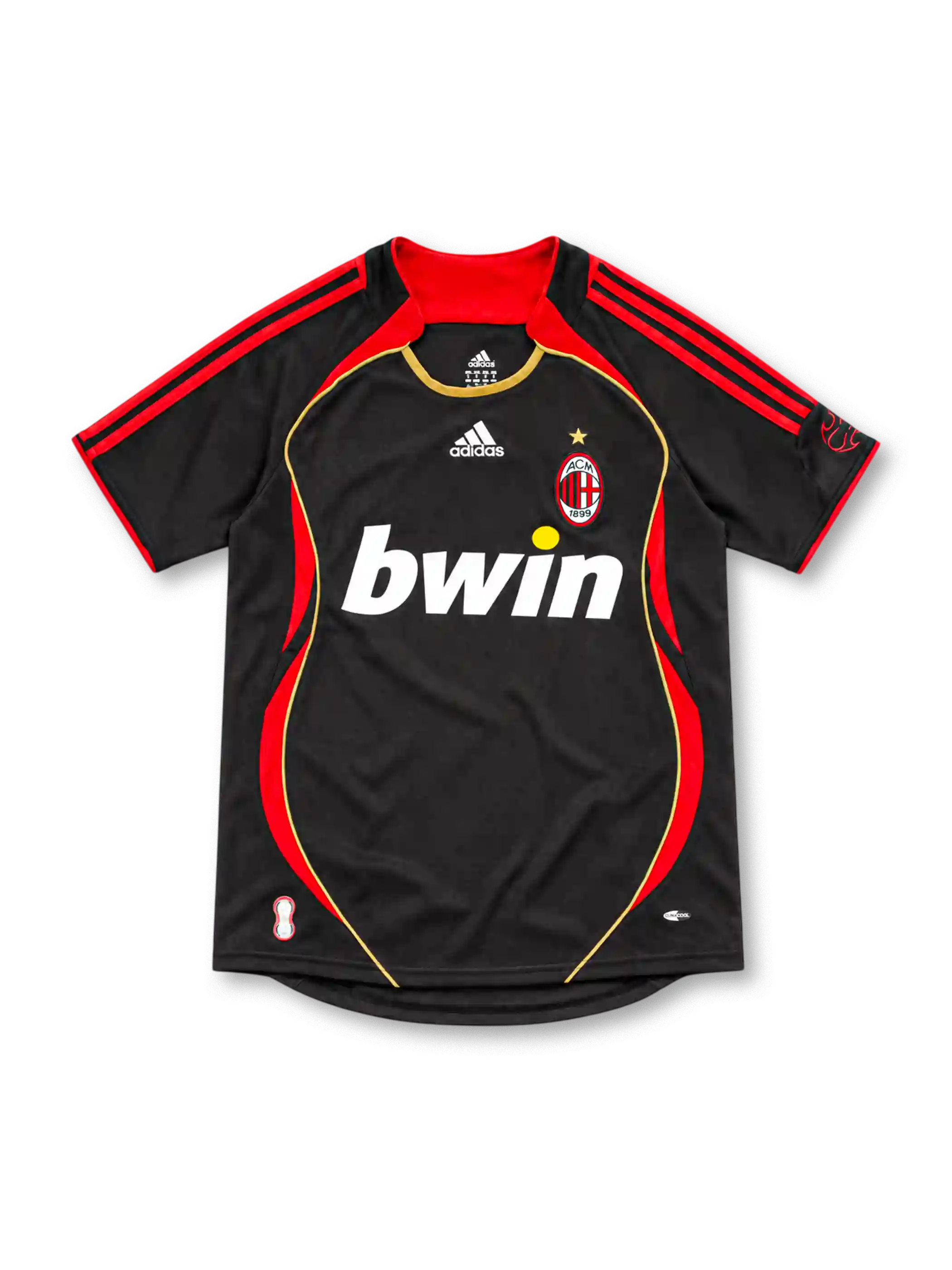 AC Milan 2006/07 third jersey in black with red adidas stripes, gold piping, club crest and white bwin sponsor.