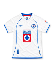 Cruz Azul 2002/03 white away jersey with blue Umbro detailing, V-neck collar, club crest and Cemento Cruz Azul sponsor.