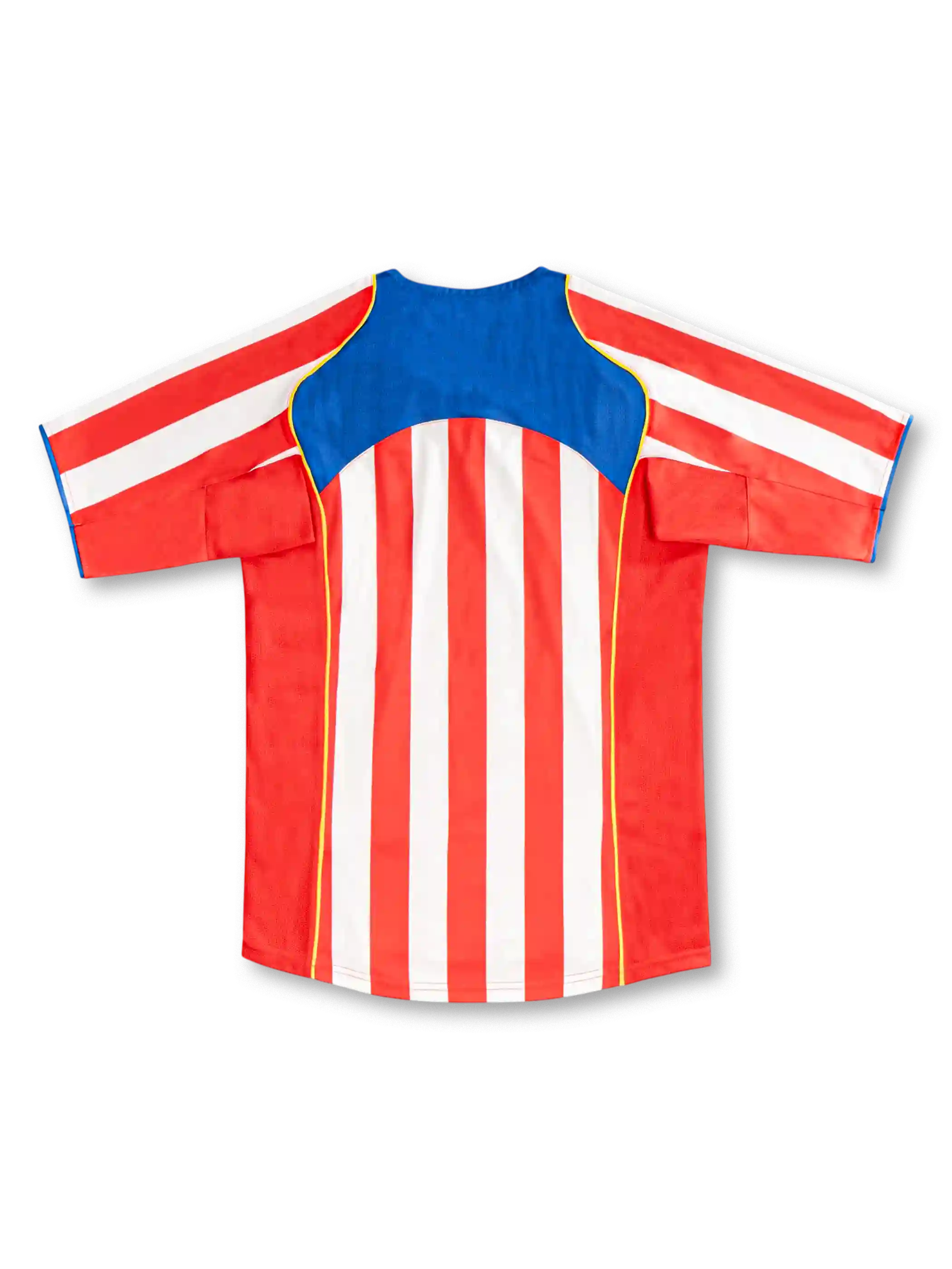 Back view of Atletico Madrid 2004/05 home jersey with red and white stripes, blue upper-back panel and yellow piping.