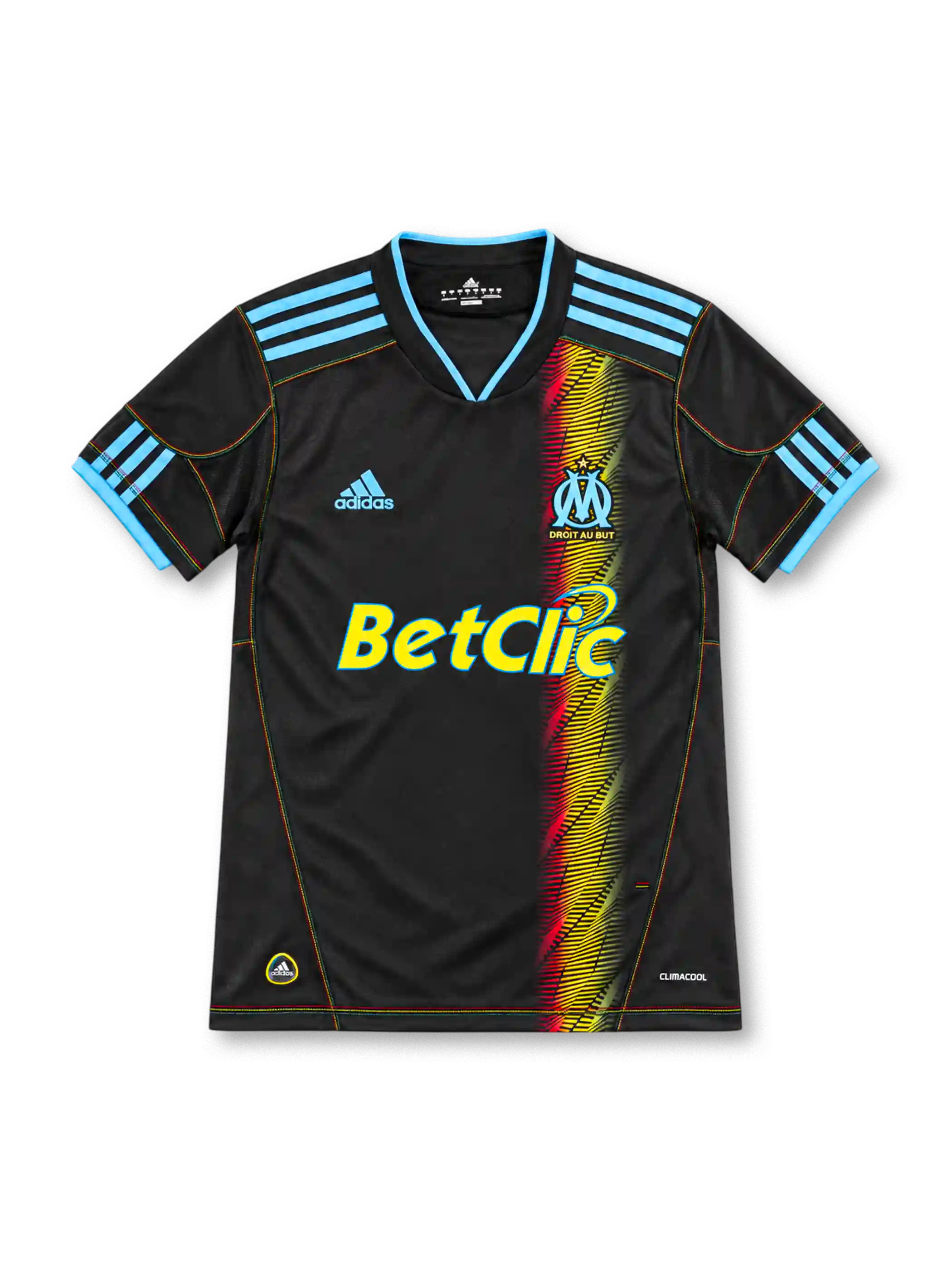 Marseille 2010/11 black away jersey with blue adidas stripes, multicolored vertical graphic, OM crest and yellow Betclic sponsor.