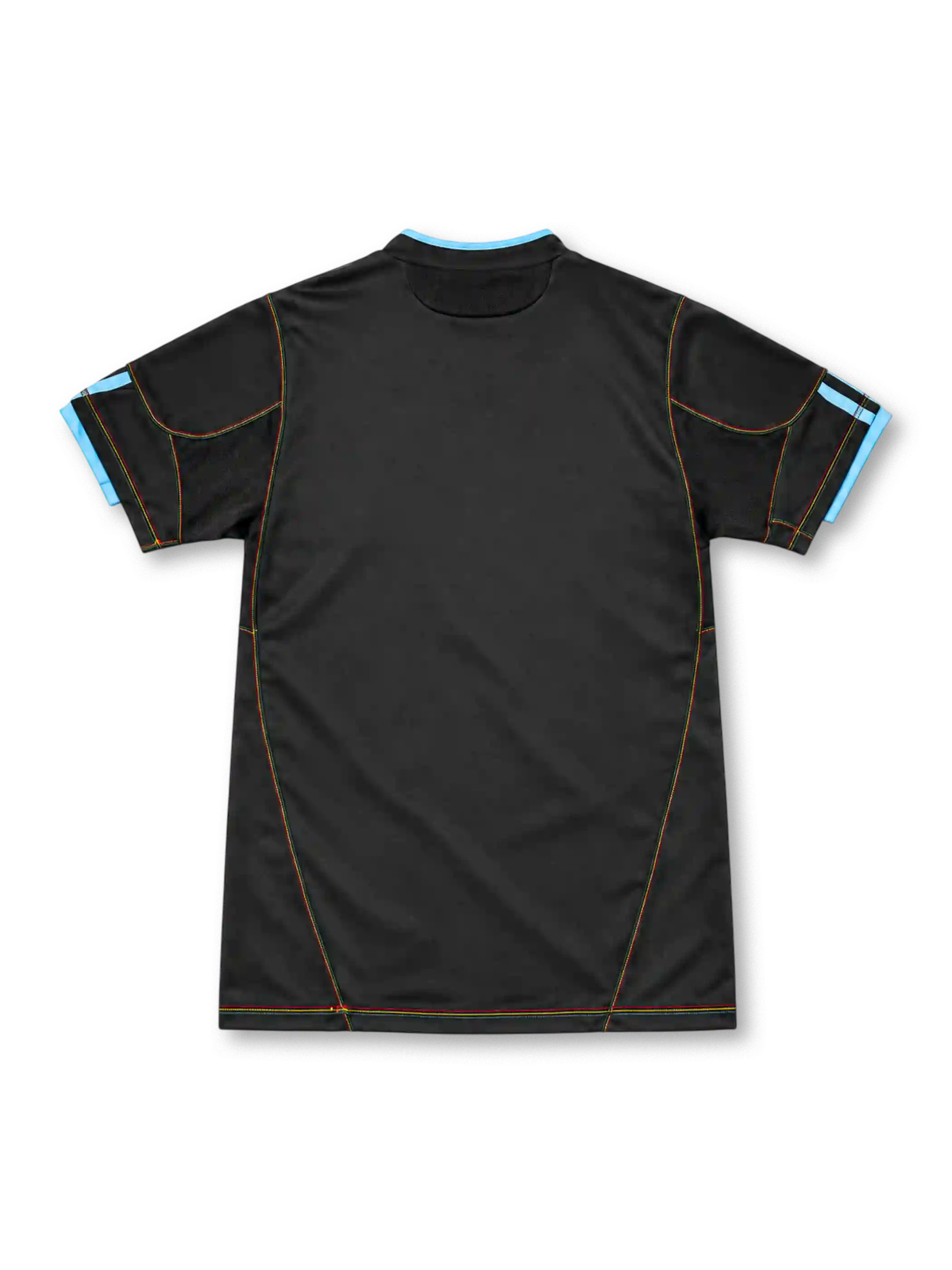 Marseille 2010/11 black away jersey with blue adidas stripes, multicolored vertical graphic, OM crest and yellow Betclic sponsor.