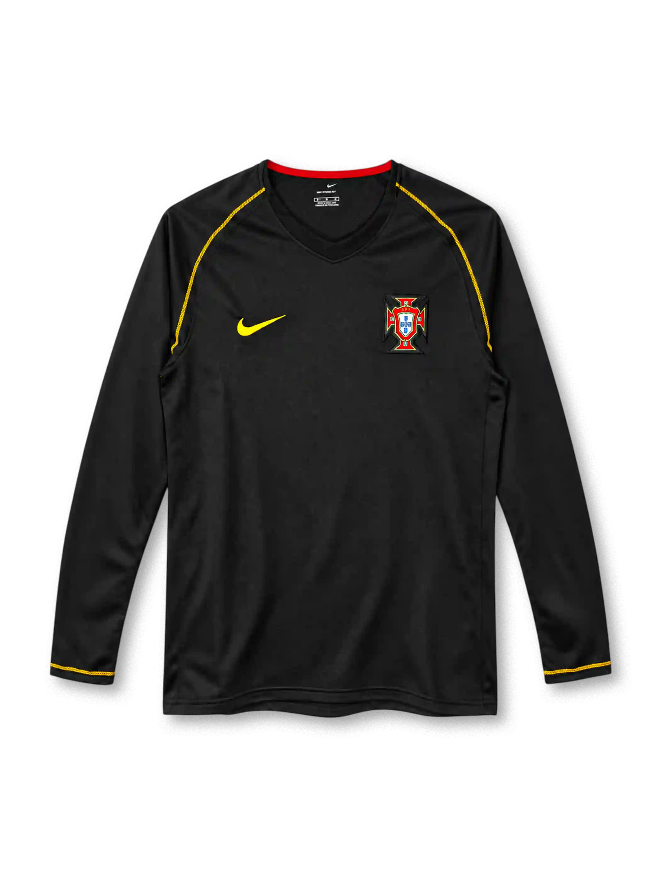 Portugal 2006 away long sleeve jersey in black with gold Nike logo, yellow shoulder piping, red collar detail and national team crest.