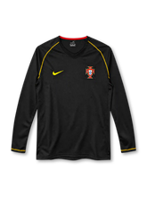 Portugal 2006 away long sleeve jersey in black with gold Nike logo, yellow shoulder piping, red collar detail and national team crest.