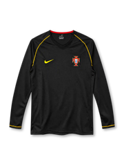 Portugal 2006 away long sleeve jersey in black with gold Nike logo, yellow shoulder piping, red collar detail and national team crest.