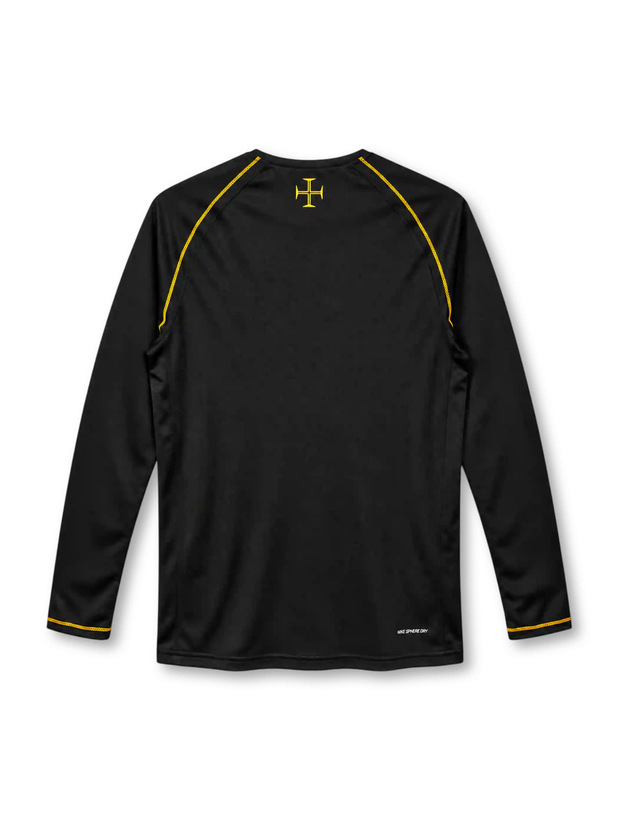 Portugal 2006 away long sleeve jersey in black with gold Nike logo, yellow shoulder piping, red collar detail and national team crest.