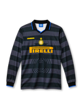 Inter Milan 1997/98 third long sleeve jersey with black and gray horizontal stripes, blue collar trim, yellow Pirelli sponsor and Umbro branding.