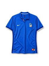 Italy 1998 home jersey in royal blue with Nike Swoosh, classic polo collar, white sleeve trim and three-star national team crest.