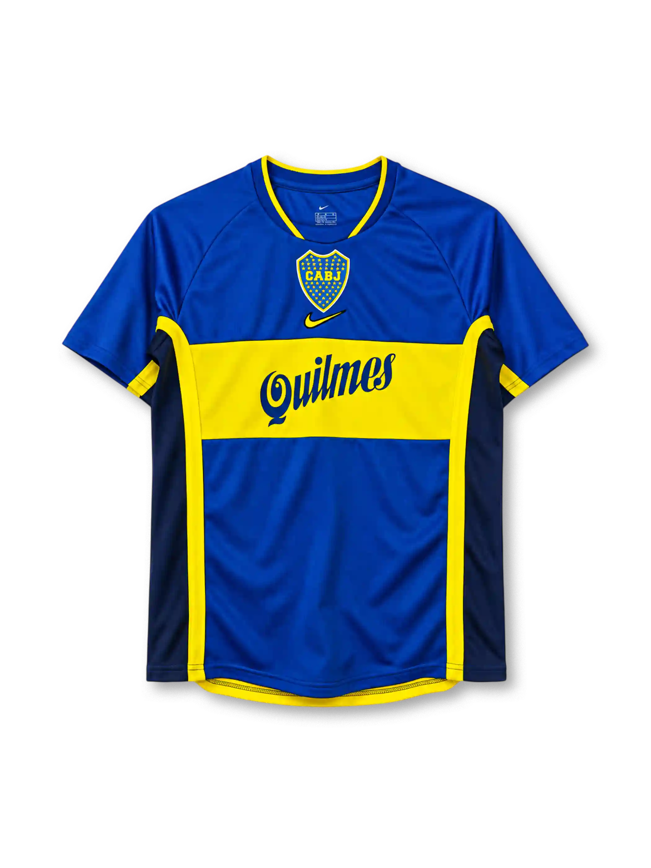 Boca Juniors 2001/02 home jersey in royal blue with yellow chest band and Quilmes sponsor