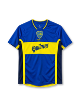 Boca Juniors 2001/02 home jersey in royal blue with yellow chest band and Quilmes sponsor