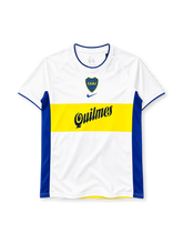 Boca Juniors 2001/02 away jersey in white with yellow chest band, blue side panels and Quilmes sponsor