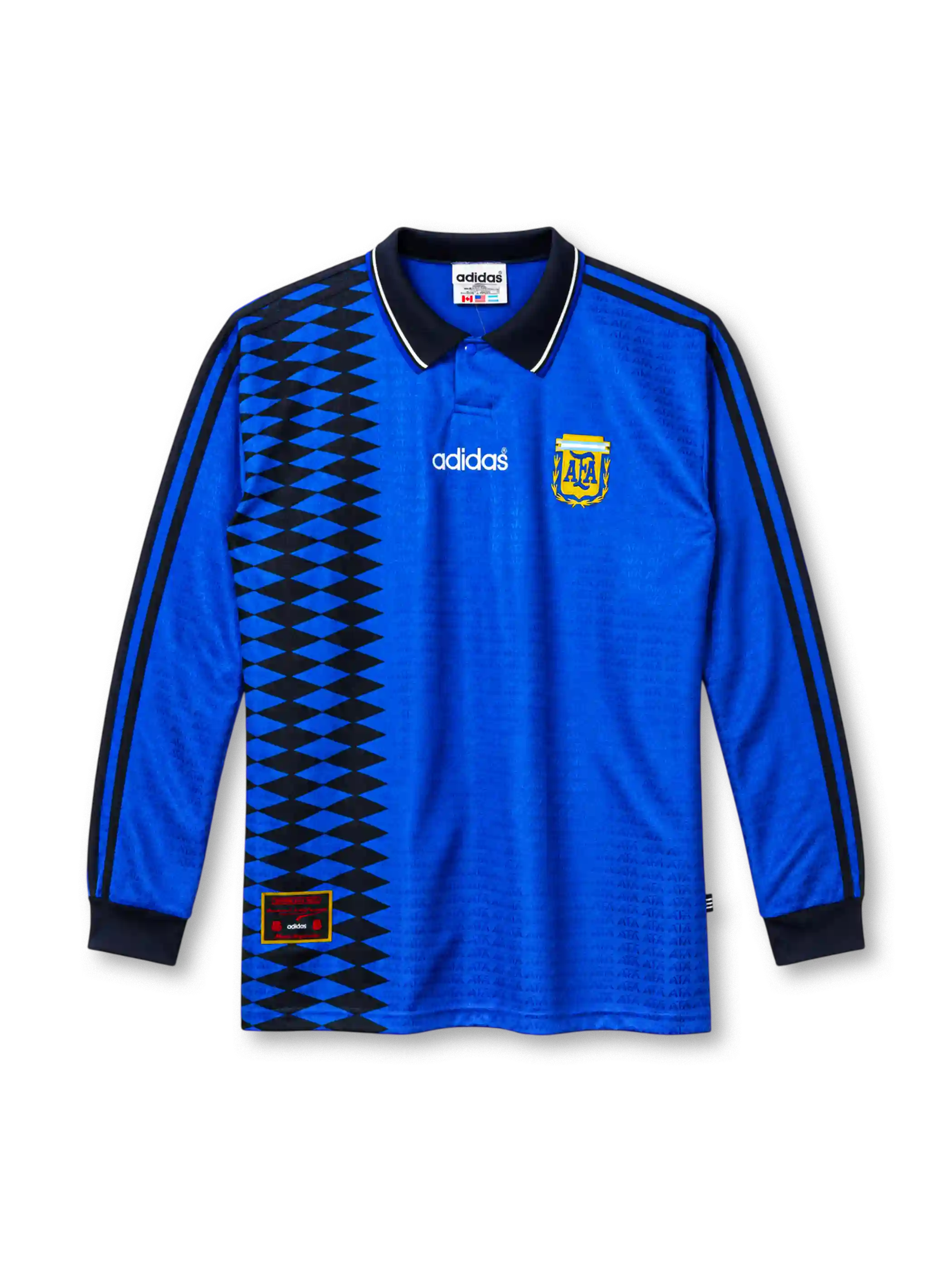 Argentina 1994 away long sleeve jersey in royal blue with black diamond panel and polo collar