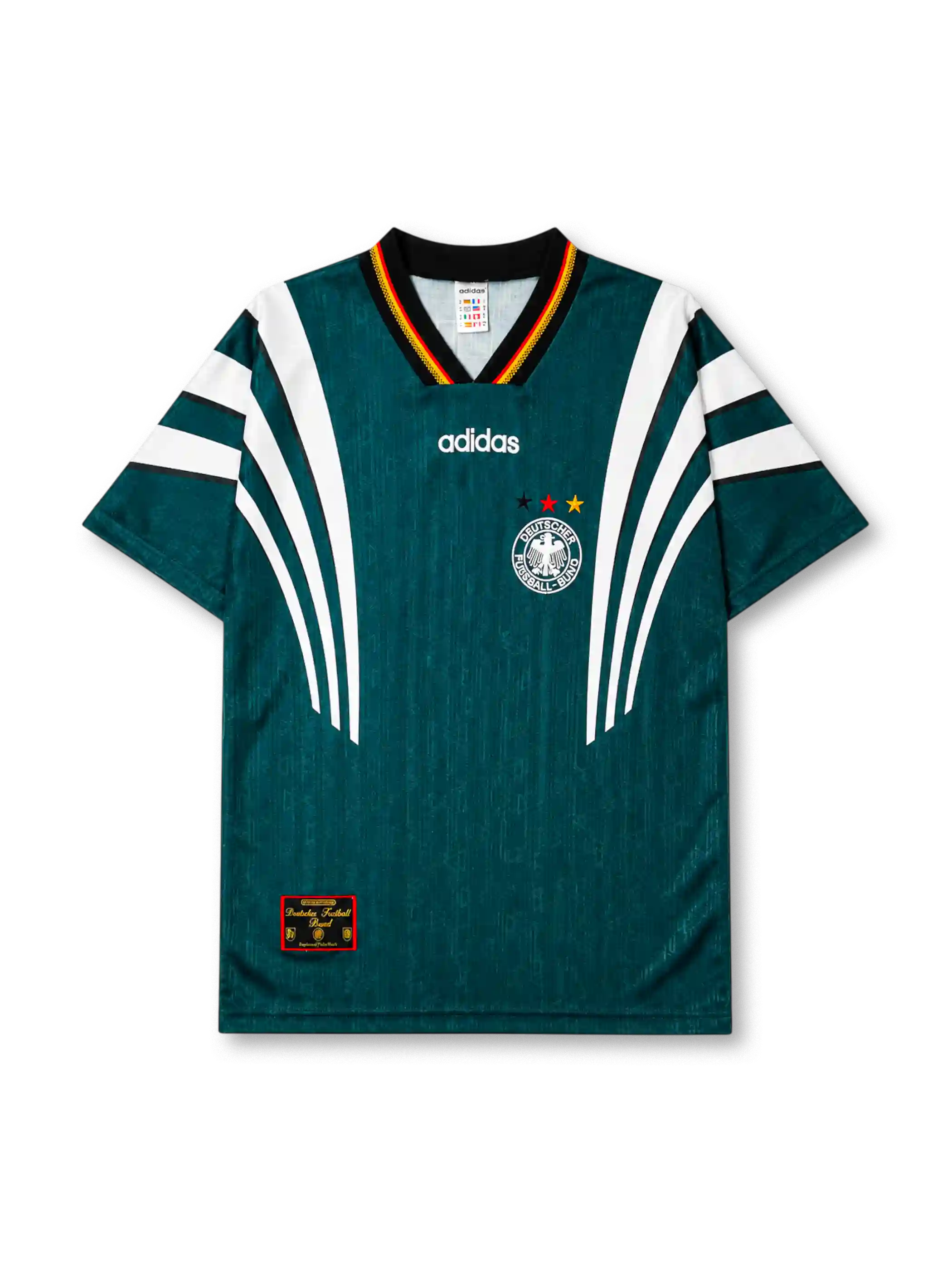 Germany 1996 away jersey in green with white sweeping stripes