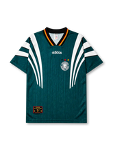 Germany 1996 away jersey in green with white sweeping stripes
