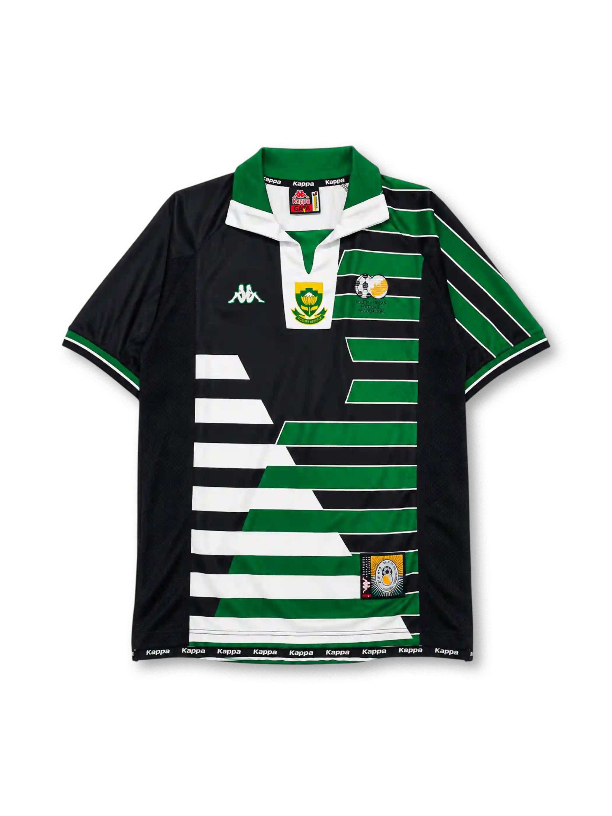South Africa 1998 away jersey with black, green, and white diagonal design