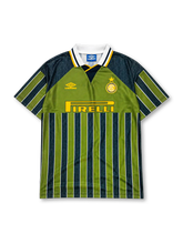 Inter Milan 1995-96 away jersey in olive green with navy stripes