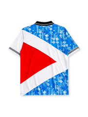 England 1990 heritage jersey with diagonal blue, white, and red design