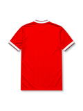 Manchester United 1984-85 home jersey, front view, red body, white V-neck collar with black trim, white adidas three-stripe shoulder detailing, adidas trefoil logo on chest, club crest, SHARP sponsor logo, striped ribbed cuffs