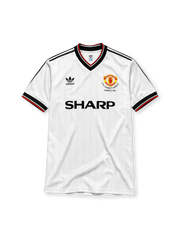 Manchester United 1993 FA Charity Shield away jersey, front view, white body with black pinstripes, black V-neck collar with red and white trim, adidas three-stripe shoulder panels, adidas trefoil logo, club crest with Charity Shield Wembley 1993 text, SHARP sponsor logo, striped ribbed cuffs